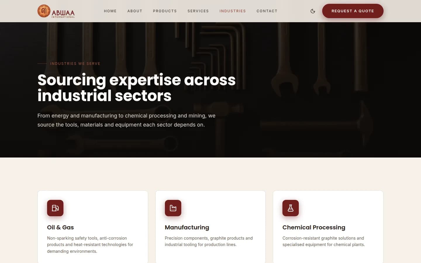 Abwaa International industries page showing Oil & Gas, Manufacturing and Chemical Processing sector cards.