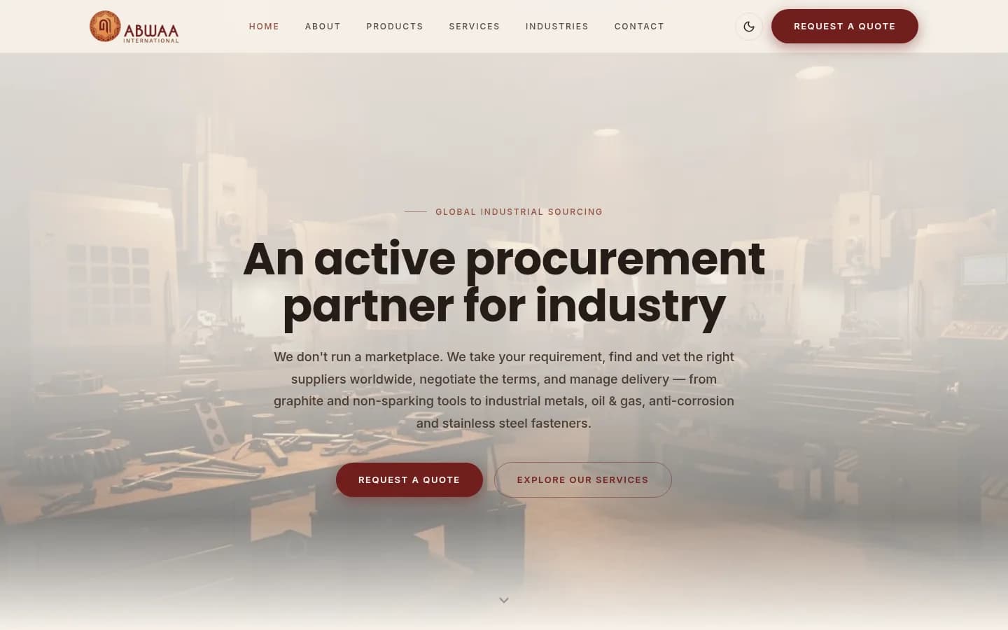 Abwaa International homepage hero: “An active procurement partner for industry” over a dim industrial workshop photograph.
