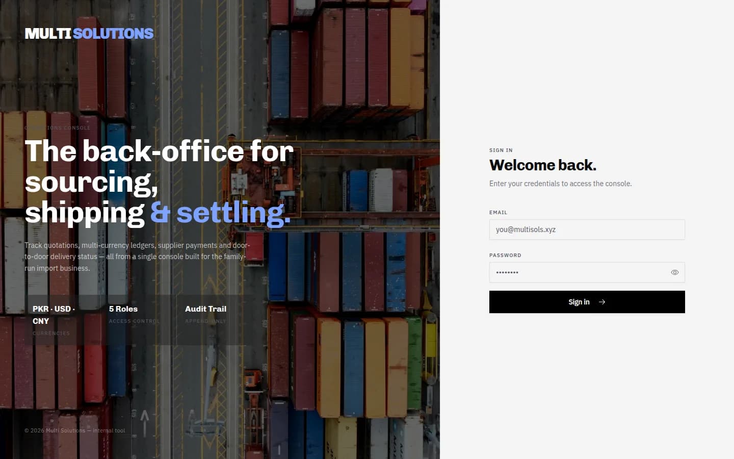 MSS sign-in screen over an aerial shipping-container yard, reading “The back-office for sourcing, shipping & settling.”