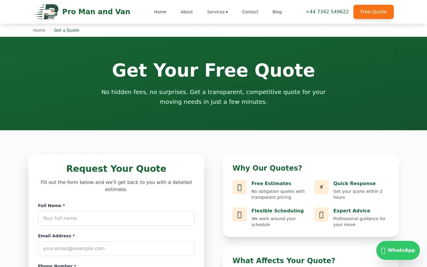 Pro Man and Van quote request page with the booking form and “Why Our Quotes” panel.